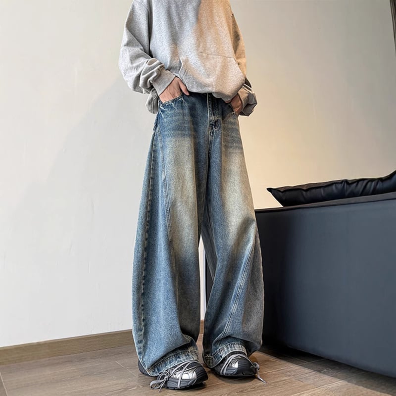 Мъжки ретро дънки със свободна права кройка, памучен деним, средно повдигната талия, цип за закопчаване, пълна дължина