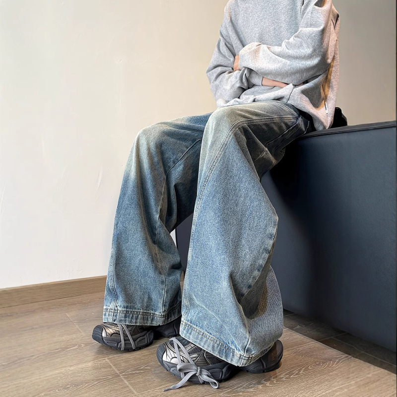 Мъжки ретро дънки със свободна права кройка, памучен деним, средно повдигната талия, цип за закопчаване, пълна дължина