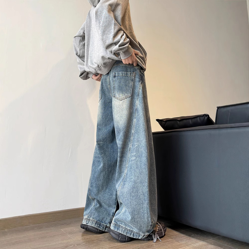 Мъжки ретро дънки със свободна права кройка, памучен деним, средно повдигната талия, цип за закопчаване, пълна дължина