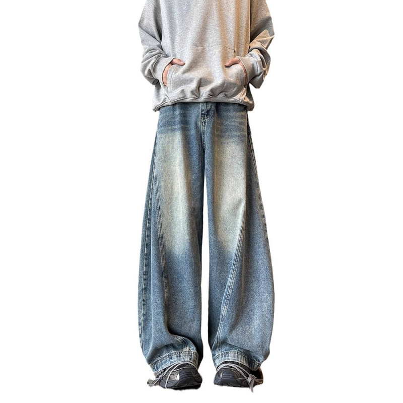 Мъжки ретро дънки със свободна права кройка, памучен деним, средно повдигната талия, цип за закопчаване, пълна дължина