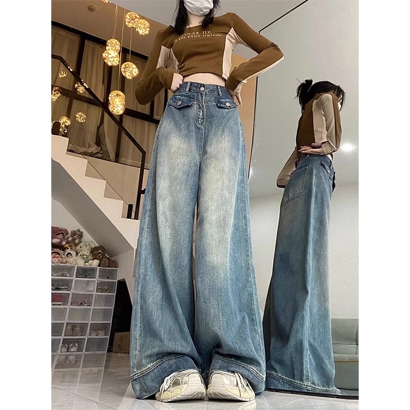 Dámske denim nohavice s vysokým pásom, voľný strih, dlhé, bavlna 30–50%, bez žehlenia