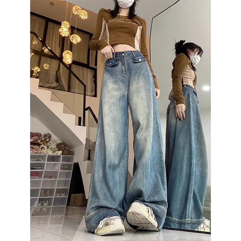 Dámske denim nohavice s vysokým pásom, voľný strih, dlhé, bavlna 30–50%, bez žehlenia