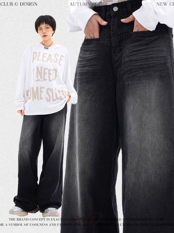 Τζίν σε ρετρό στυλ, χαλαρή γραμμή με ίσιο φαρδύ πόδι, μεσαία μέση, πολλαπλές τσέπες, βαμβακερή μίξη