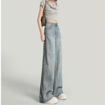 Jeans din denim cu talie înaltă și croială largă, lungime medie, țesătură groasă, toamnă 2025