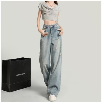 Jeans din denim cu talie înaltă și croială largă, lungime medie, țesătură groasă, toamnă 2025