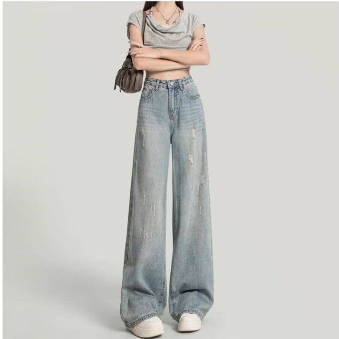 Jeans din denim cu talie înaltă și croială largă, lungime medie, țesătură groasă, toamnă 2025