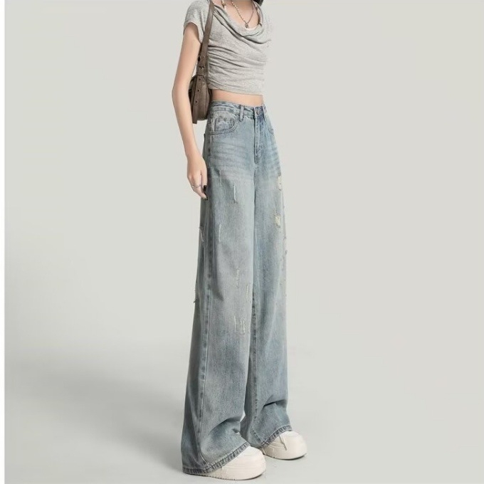 Jeans din denim cu talie înaltă și croială largă, lungime medie, țesătură groasă, toamnă 2025