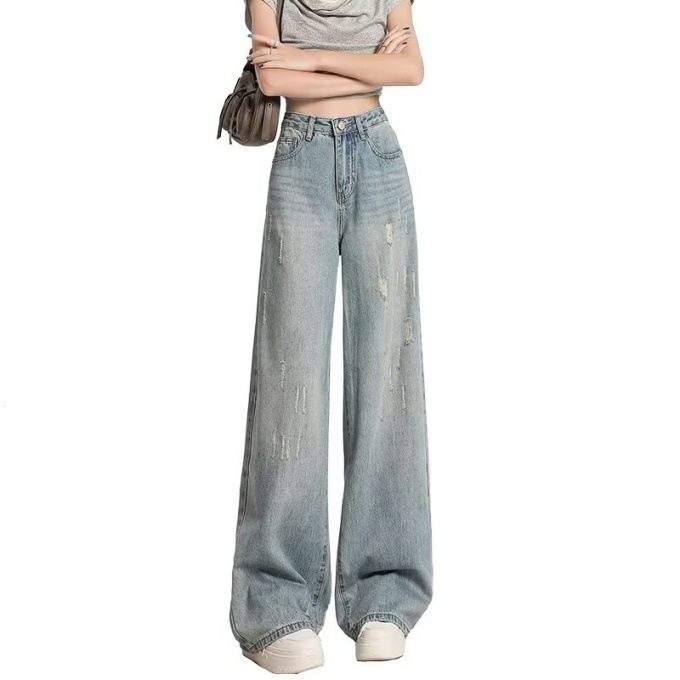 Jeans din denim cu talie înaltă și croială largă, lungime medie, țesătură groasă, toamnă 2025