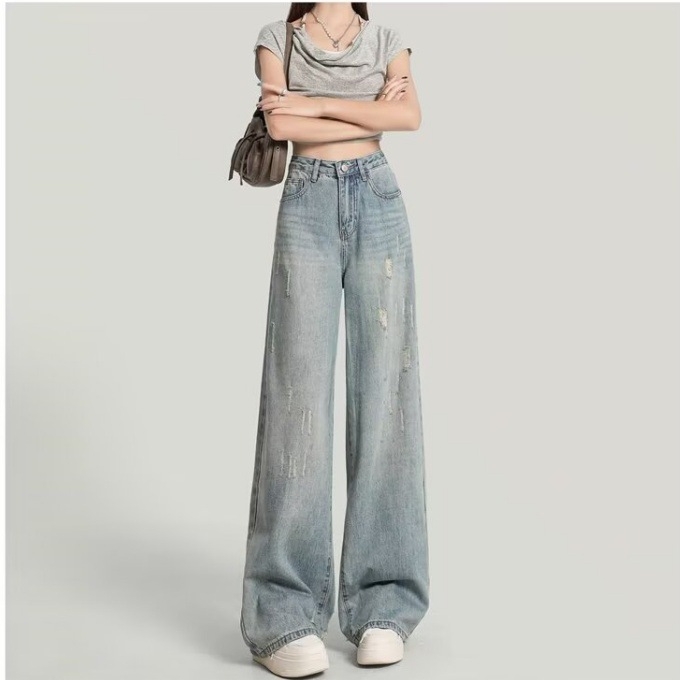 Jeans din denim cu talie înaltă și croială largă, lungime medie, țesătură groasă, toamnă 2025