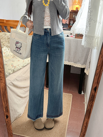 Jeansi talie înaltă, croială dreaptă, lungime 9/10, denim din bumbac elastan