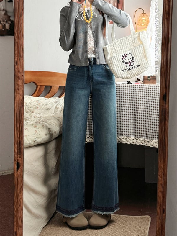 Jeansi talie înaltă, croială dreaptă, lungime 9/10, denim din bumbac elastan