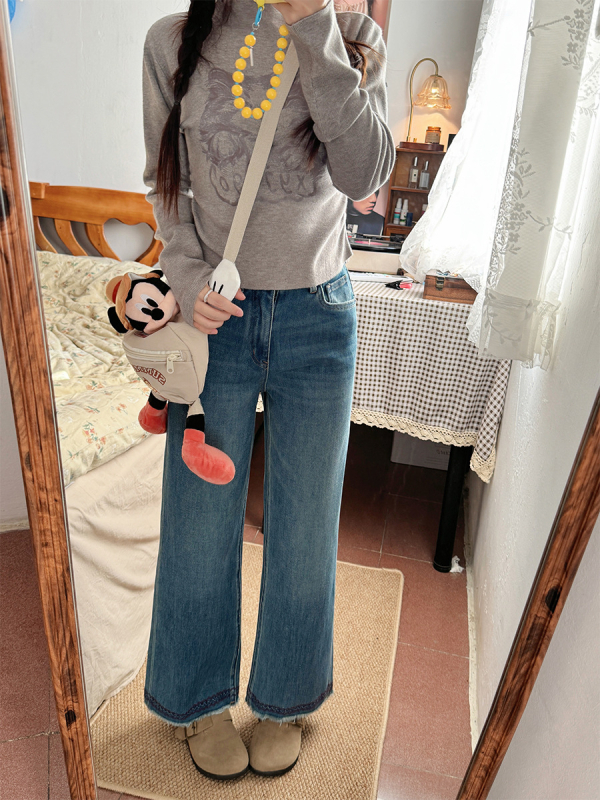 Jeansi talie înaltă, croială dreaptă, lungime 9/10, denim din bumbac elastan