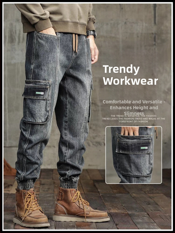 Ανδρικά τζίν από ντένιμ, ρετρό στυλ, φαρδιά γραμμή, μεσαία μέση, κορδόνι για σφίξιμο, πλυμένα