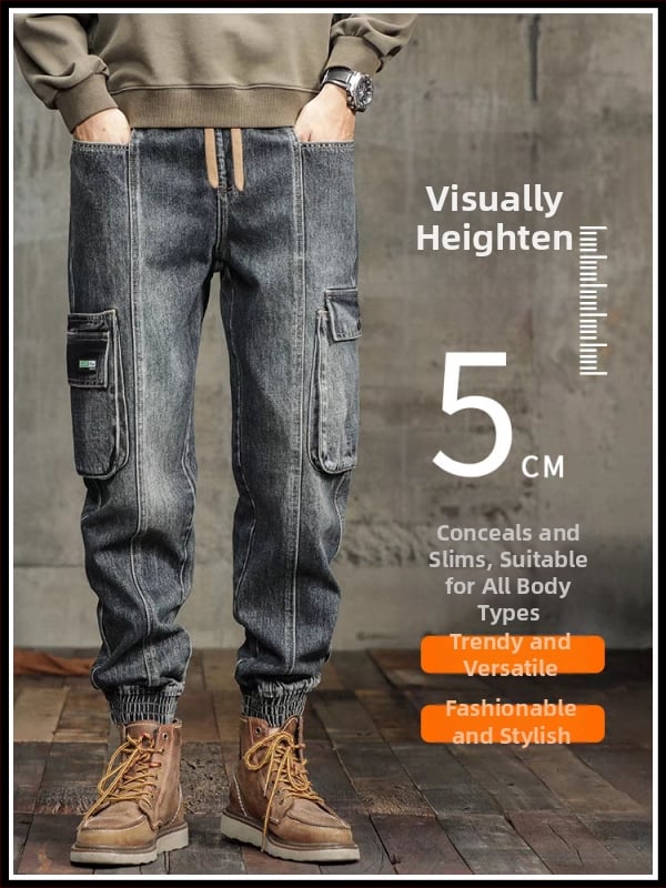 Ανδρικά τζίν από ντένιμ, ρετρό στυλ, φαρδιά γραμμή, μεσαία μέση, κορδόνι για σφίξιμο, πλυμένα