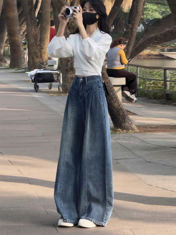 Jeansi femei cu croială largă, talie înaltă, lungi, denim din bumbac