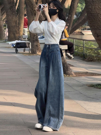 Jeansi femei cu croială largă, talie înaltă, lungi, denim din bumbac