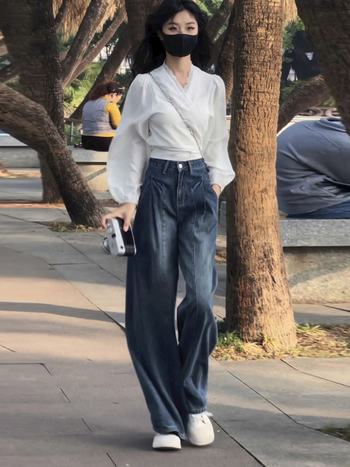 Jeansi femei cu croială largă, talie înaltă, lungi, denim din bumbac