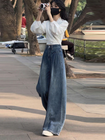 Jeansi femei cu croială largă, talie înaltă, lungi, denim din bumbac