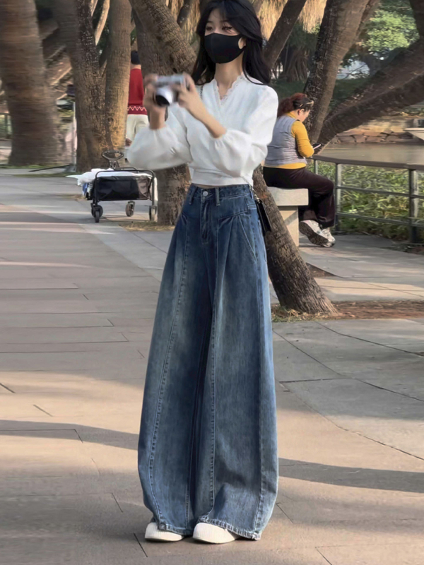 Jeansi femei cu croială largă, talie înaltă, lungi, denim din bumbac