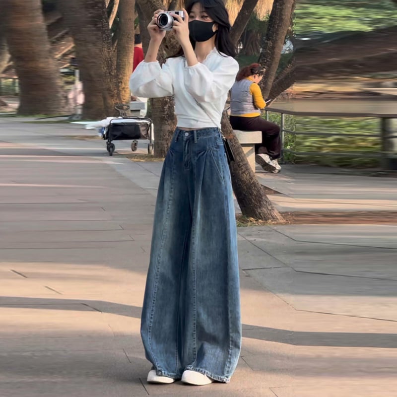 Jeansi femei cu croială largă, talie înaltă, lungi, denim din bumbac