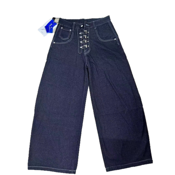Traperice od denima s visokim strukom, baggy siluetom i straight krojem, kopča u obliku aviona, oprani završni sloj, gradski stil