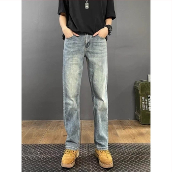 Ανδρικά τζιν από ντένιμ, κορεατικού στυλ, πλυμένα, ίσια γραμμή, με πολλές τσέπες