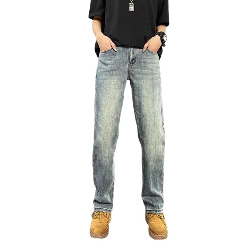 Ανδρικά τζιν από ντένιμ, κορεατικού στυλ, πλυμένα, ίσια γραμμή, με πολλές τσέπες