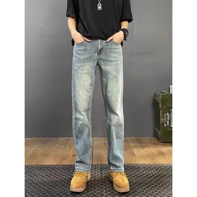 Ανδρικά τζιν από ντένιμ, κορεατικού στυλ, πλυμένα, ίσια γραμμή, με πολλές τσέπες