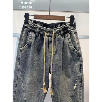 Ανδρικά βαμβακερά τζιν, ίσια γραμμή, μεσαία μέση, κλείσιμο με κορδόνι, μικροελαστικότητα