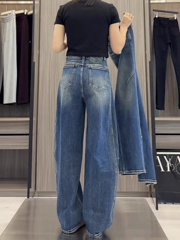 Traperice širokih nogavica, visokim strukom, denim, jesenska verzija 2025, 50–70% pamuk / 30–50% poliester, casual dizajn s panelima