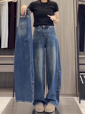 Traperice širokih nogavica, visokim strukom, denim, jesenska verzija 2025, 50–70% pamuk / 30–50% poliester, casual dizajn s panelima