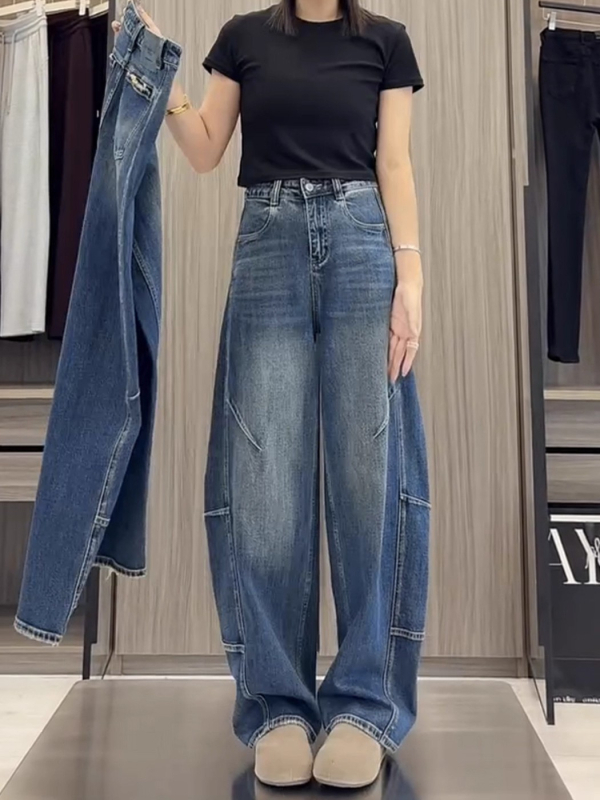 Traperice širokih nogavica, visokim strukom, denim, jesenska verzija 2025, 50–70% pamuk / 30–50% poliester, casual dizajn s panelima