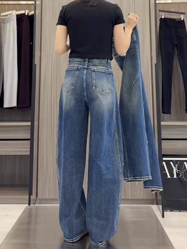 Traperice širokih nogavica, visokim strukom, denim, jesenska verzija 2025, 50–70% pamuk / 30–50% poliester, casual dizajn s panelima