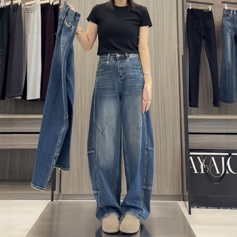 Traperice širokih nogavica, visokim strukom, denim, jesenska verzija 2025, 50–70% pamuk / 30–50% poliester, casual dizajn s panelima
