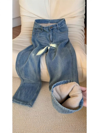 Ženske traperice s ravnim krojem, fleece podstava, visokim strukom, debela tkanina, denim, zimska kolekcija 2025