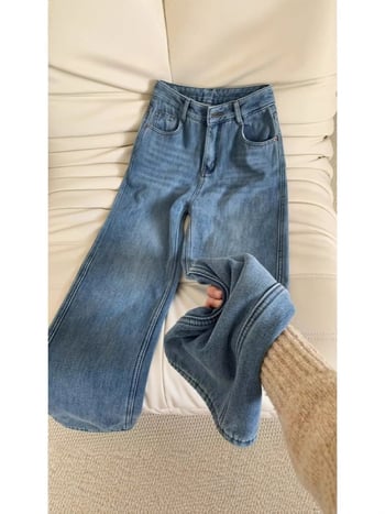 Ženske traperice s ravnim krojem, fleece podstava, visokim strukom, debela tkanina, denim, zimska kolekcija 2025