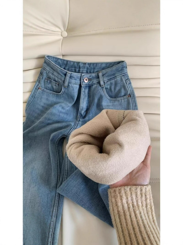 Ženske traperice s ravnim krojem, fleece podstava, visokim strukom, debela tkanina, denim, zimska kolekcija 2025