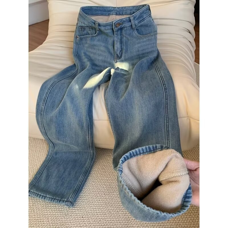 Ženske traperice s ravnim krojem, fleece podstava, visokim strukom, debela tkanina, denim, zimska kolekcija 2025