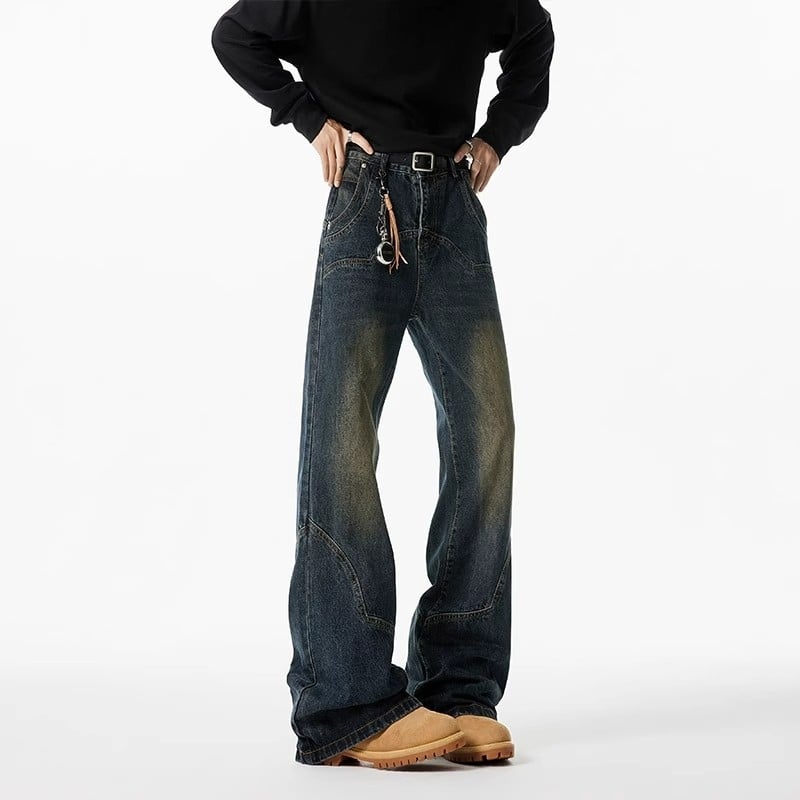 Τζιν με αμερικανικό ρετρό αποδομημένο σχέδιο – χαμηλή μέση, κούμπωμα με κορδόνι, πολυεστέρας, ελαφρώς χαλαρή εφαρμογή, ίσια γραμμή με φλάερ