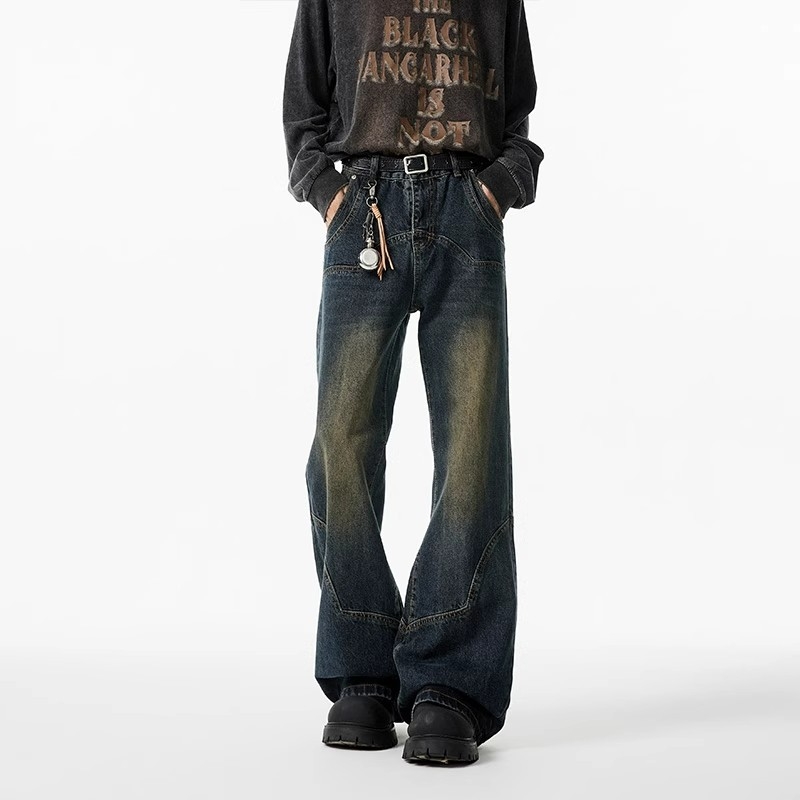 Τζιν με αμερικανικό ρετρό αποδομημένο σχέδιο – χαμηλή μέση, κούμπωμα με κορδόνι, πολυεστέρας, ελαφρώς χαλαρή εφαρμογή, ίσια γραμμή με φλάερ