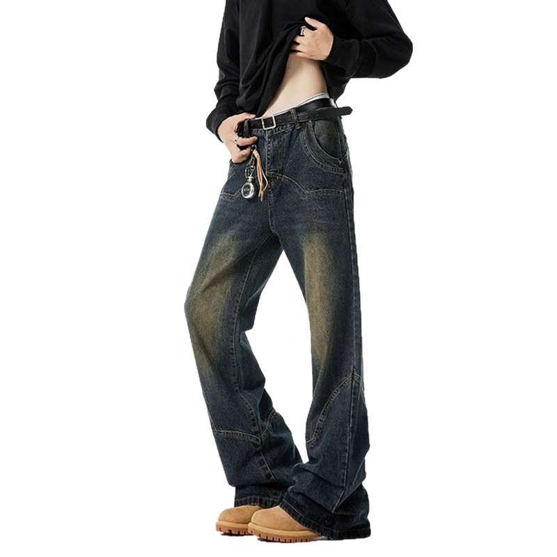 Τζιν με αμερικανικό ρετρό αποδομημένο σχέδιο – χαμηλή μέση, κούμπωμα με κορδόνι, πολυεστέρας, ελαφρώς χαλαρή εφαρμογή, ίσια γραμμή με φλάερ