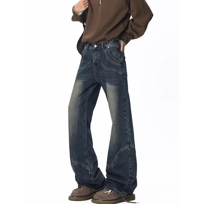 Τζιν με αμερικανικό ρετρό αποδομημένο σχέδιο – χαμηλή μέση, κούμπωμα με κορδόνι, πολυεστέρας, ελαφρώς χαλαρή εφαρμογή, ίσια γραμμή με φλάερ