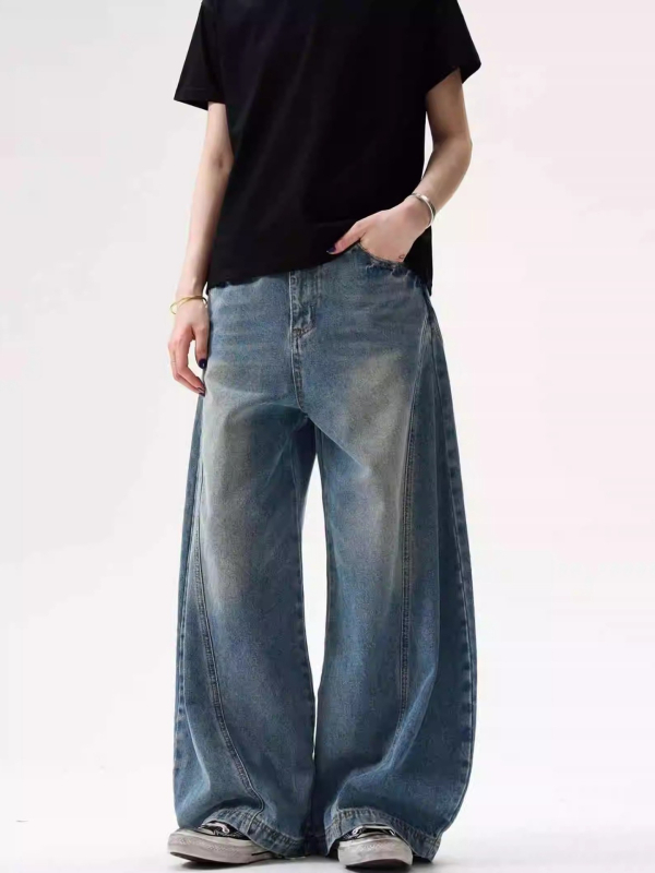 Ανδρικά τζιν σε ρετρό στυλ, χαλαρή εφαρμογή, μεσαία μέση, φερμουάρ, καουμπόι ντένιμ 65% βαμβάκι