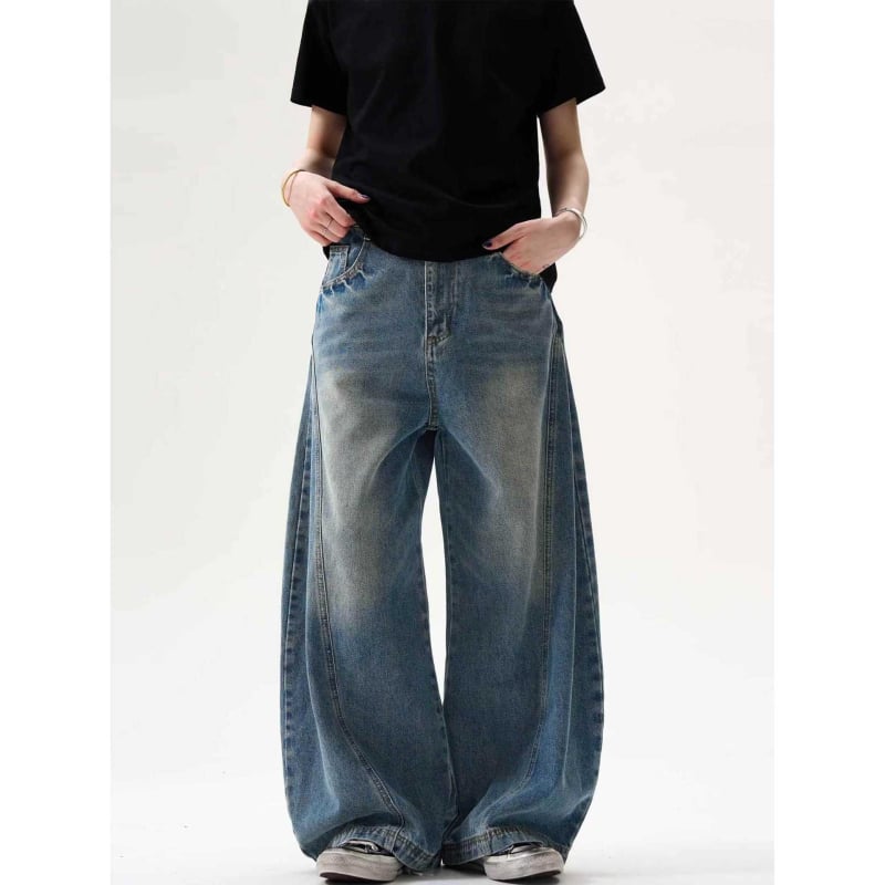 Ανδρικά τζιν σε ρετρό στυλ, χαλαρή εφαρμογή, μεσαία μέση, φερμουάρ, καουμπόι ντένιμ 65% βαμβάκι