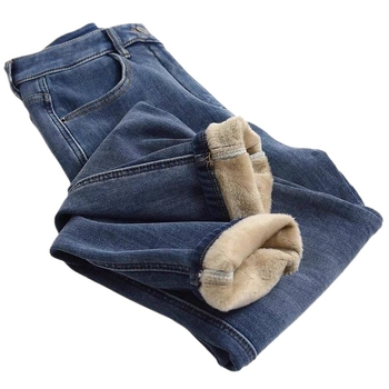 Ženske traperice s flis podstavom, visokim strukom, elastične, tople, prilagođene krušnoj figuri