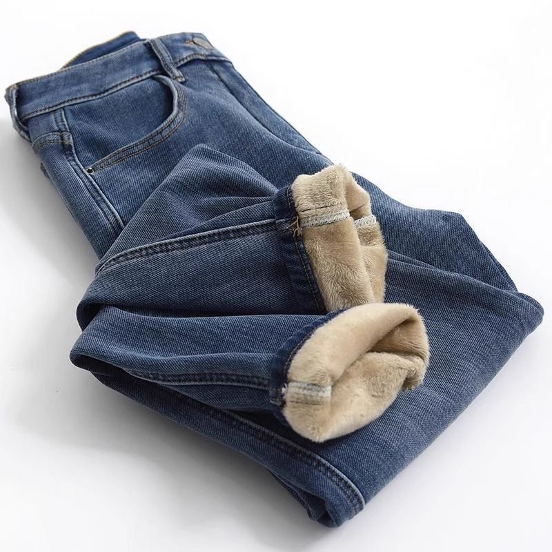 Ženske traperice s flis podstavom, visokim strukom, elastične, tople, prilagođene krušnoj figuri