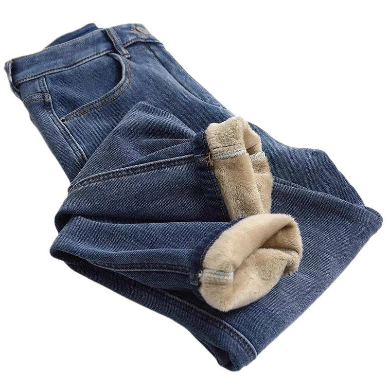 Ženske traperice s flis podstavom, visokim strukom, elastične, tople, prilagođene krušnoj figuri