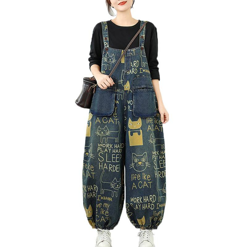 Moterų džinsinis kombinezonas, laisvas kirpimas, aukštas juosmuo, poliesterio mišinys (30-50%), pavasaris 2026, spaudinys