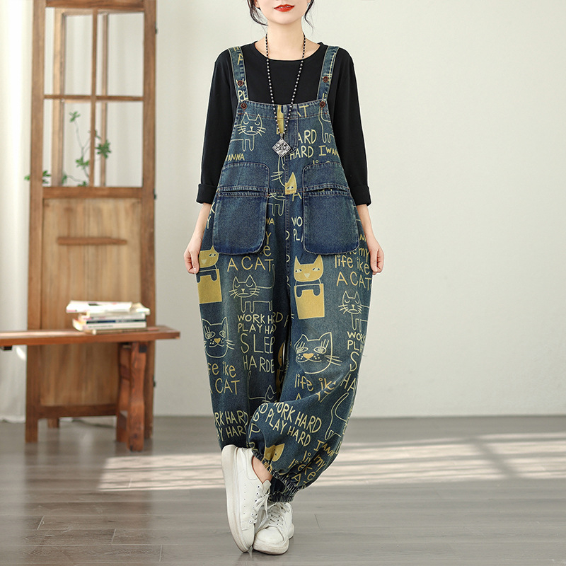 Moterų džinsinis kombinezonas, laisvas kirpimas, aukštas juosmuo, poliesterio mišinys (30-50%), pavasaris 2026, spaudinys