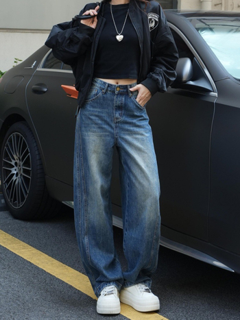 Yi Enfan žene traperice od denima, visokim strukom, ravne nogavice, pamuk-poliester denim, jesen 2025